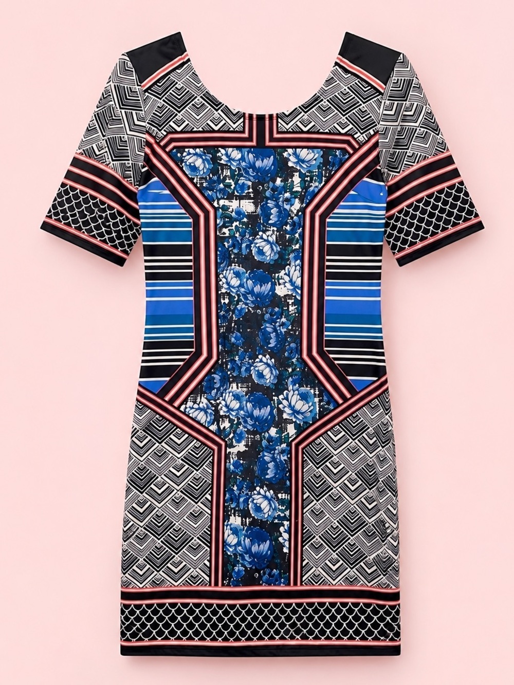 Jealous Tomato Geometric Floral Bodycon Sheath Dress Size Large Blue Black Pink
